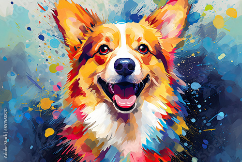 Bright portrait of a corgi dog with splashes and drops of multi-colored paint on a blue background.
