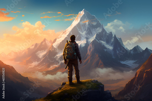Adventure traveler mountains. Hiker in mountain landscape enjoys sunsets. Generative AI