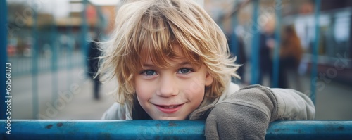 Portrait of happy young caucasian blonde kid blue eyes on holiday, banner panorama. Generative Ai.