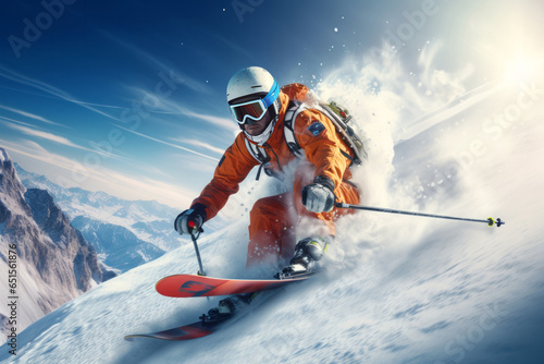 Skier skiing down high snowy mountain, winter holiday or winter extreme sports theme with mountains in background.generative ai 