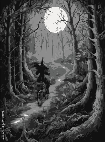 Vector Gothic Arts style of a witch in the forest on a full moon night.