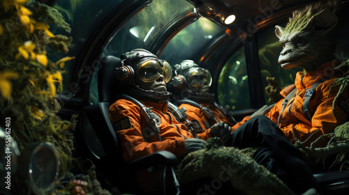 Fototapeta Naklejka Na Ścianę i Meble -  Futuristic astronaut inside lit space ship. Alien pilots flying spaceship through outer space.