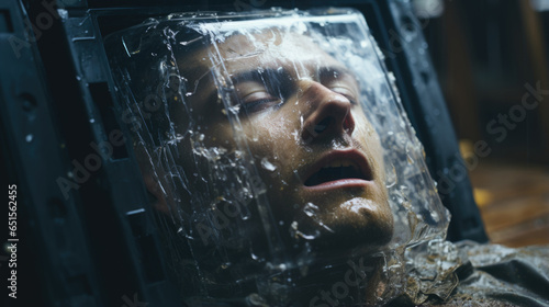 Close-up portrait of a man inside a cryogenics chamber. photo