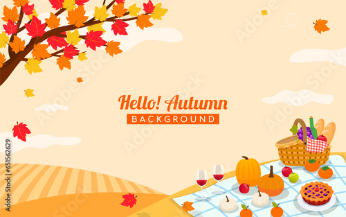 Hello! Autumn background vector illustration. Autumn picnic under maple tree