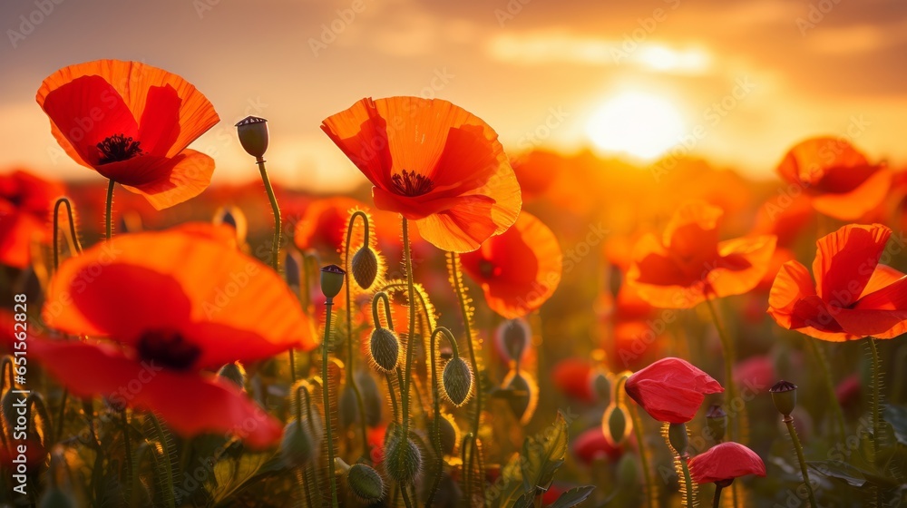 Obraz premium Blooming red poppy flowers at dawn