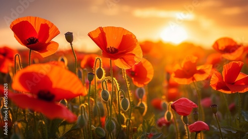 Blooming red poppy flowers at dawn