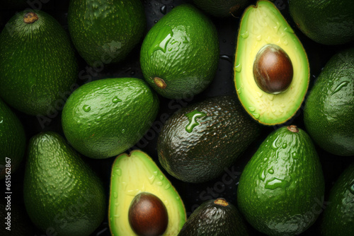 Beautiful background with green avocados and two sliced ​​ones with a visible seed.generative ai
