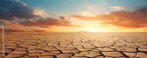 Texture of dry cracked ground surface with sunset light, climate change, banner panorama. Generative Ai.