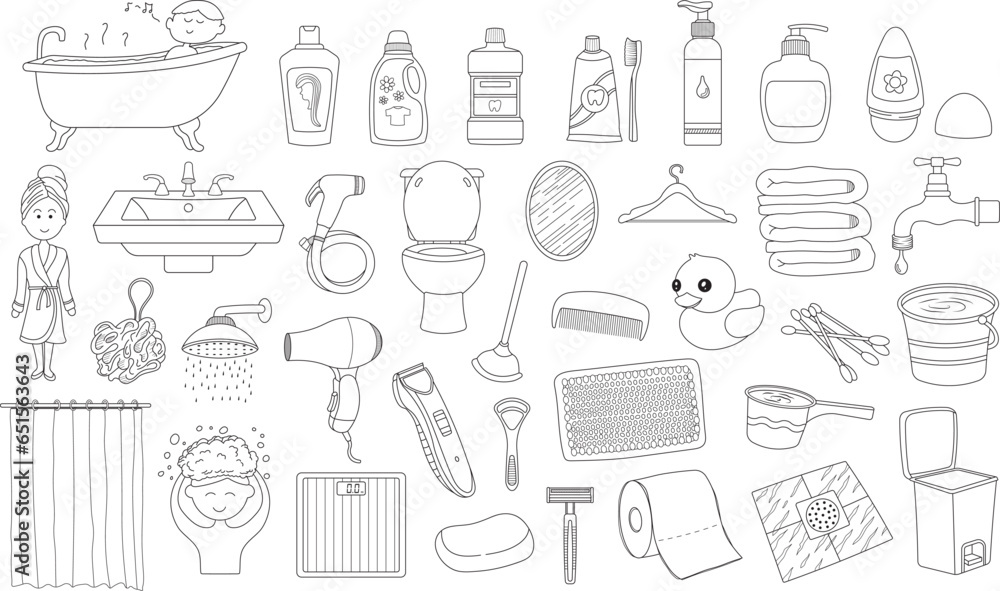 Hand drawn Kids drawing Cartoon Vector illustration Set of bathroom elements icon in doodle style Hand drawn Kids drawing Cartoon Vector illustration Set of bathroom elements icon in doodle style
