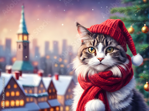 cat tour guide in a winter hat and scarf against the background of the old winter city