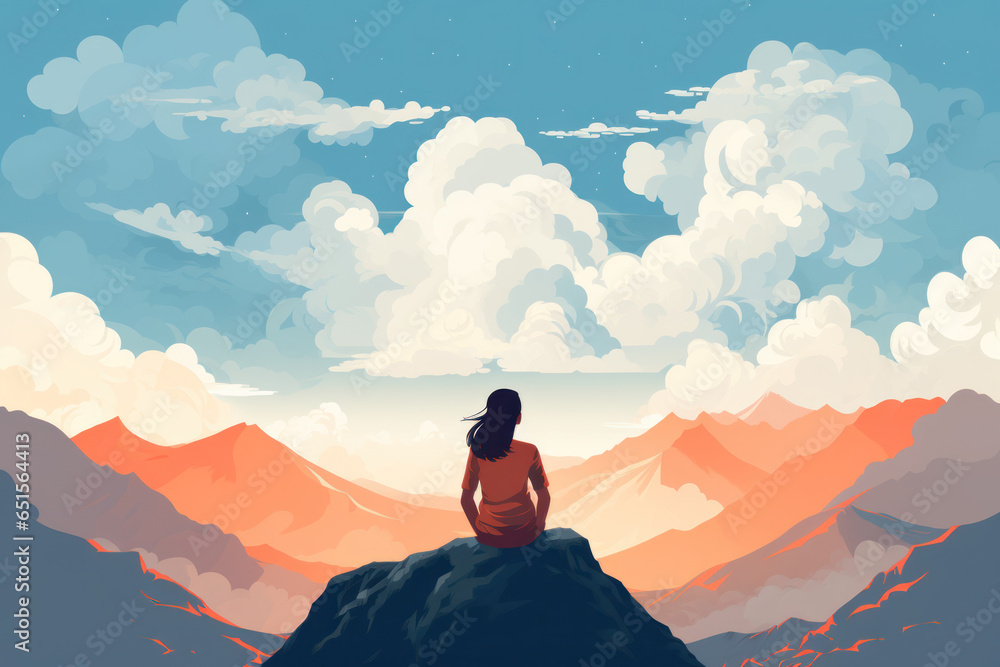color block pastel illustration of woman from the back sitting in mindful meditating in nature mountain clouds sky peace/clarity/mental wellbeing/balance digital painting hand drawn look - obrazy, fototapety, plakaty 
