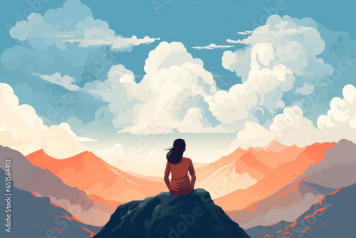 color block pastel illustration of woman from the back sitting in mindful meditating in nature mountain clouds sky peace/clarity/mental wellbeing/balance digital painting hand drawn look