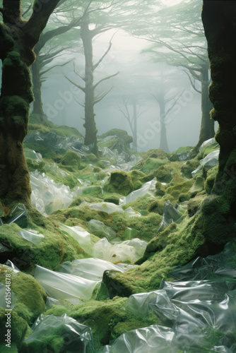 concept art of forest covered in plastic waste anti consumerism capitalism for environment activism Fridays for future climate change in editorial magazine film look photo