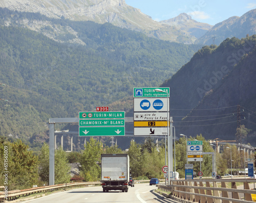 road signs with the indication to reach the Mont Blanc tunnel which connects France with Italy photo