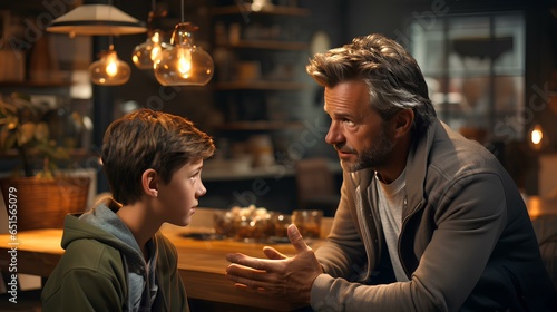 A frustrated father and his clueless middle school son having a conversation in the modern living room. Parenting. Father and son. Generative AI. 