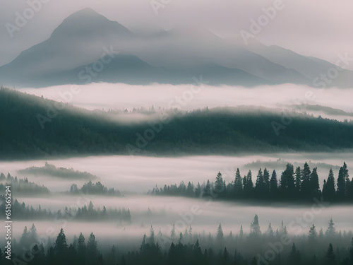 Sunrise in the mountains. mountains in the fog in the morning. Mountain range with visible silhouettes through the morning colorful fog. fog and cloud mountain valley. generative AI