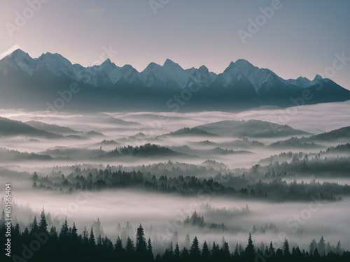 Sunrise in the mountains. mountains in the fog in the morning. Mountain range with visible silhouettes through the morning colorful fog. fog and cloud mountain valley. generative AI © EVISUAL