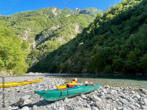 Canoe camp with tents at Shala river, Albania.