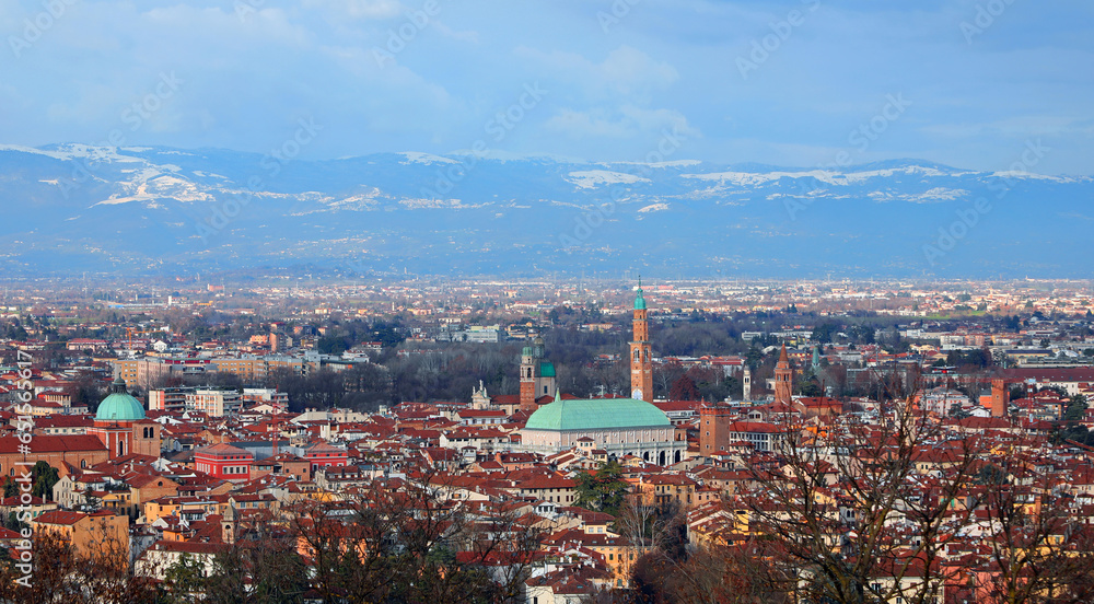 Panorama of VICENZA city in Italy and the famous monument called BASILICA PALLADIANA with the tower