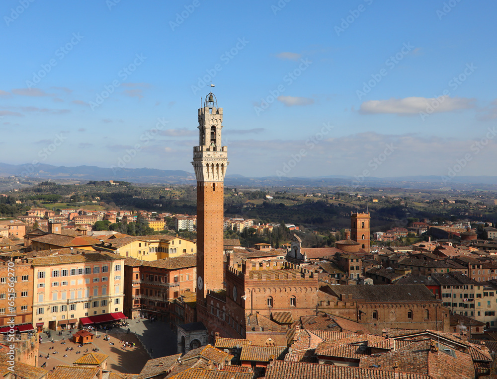 Top view of Siena in ITALY with the Tower called DEL MANGIA and the Palio square