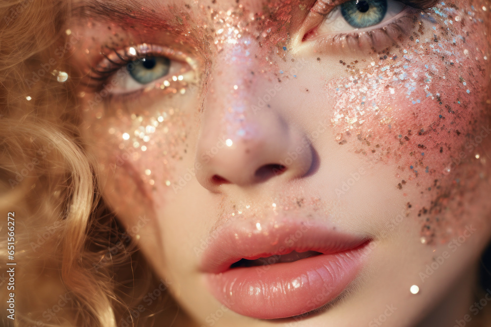  portrait of a young white model/woman close up with golden metallic glitter make up highlighter eyeshadow commercial/beauty editorial advertisement magazine style film photography look