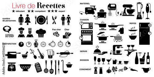 Ensemble de pictogrammes noirs, divers et variés, afin d’illustrer et faciliter la compréhension des recettes de cuisine - texte français : livre de recette.