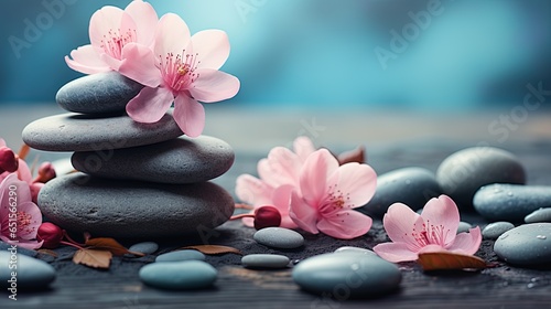 Set of pink orchid flowers and gray spa stones on water and reflection Copy Space 