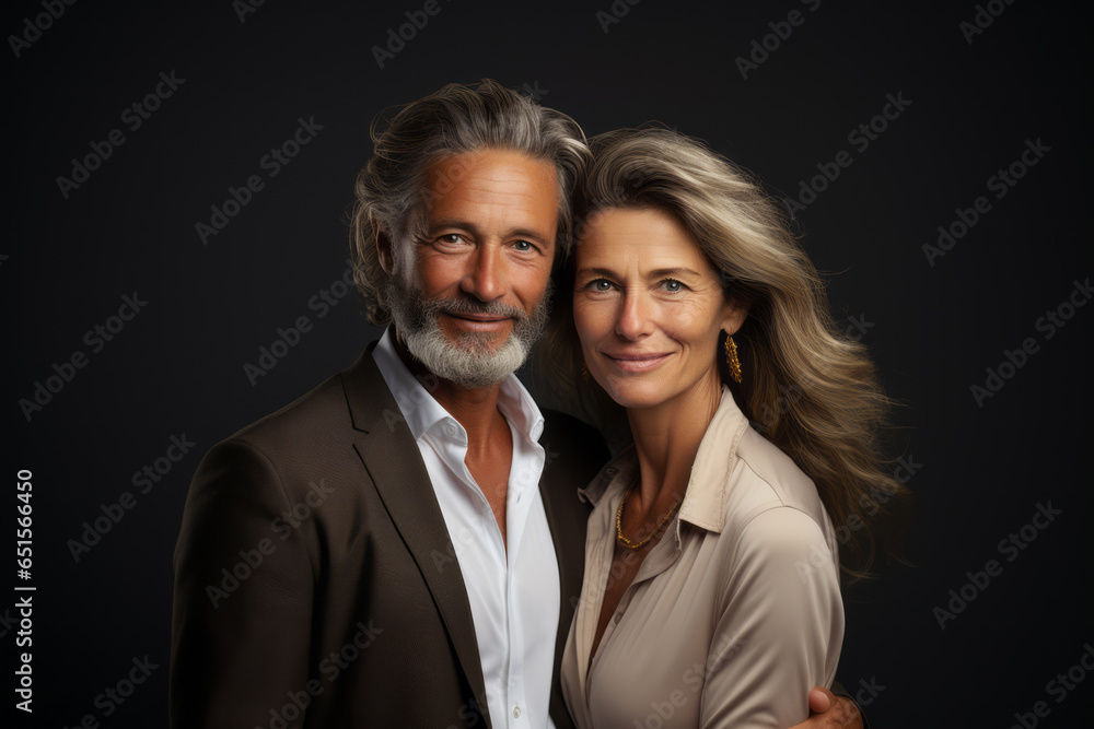 Elegant gray hair senior couple bonding and smiling at camera while standing against dark background Elegant gray hair senior couple bonding and smiling at camera while standing against dark background