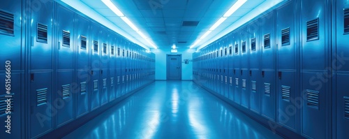 University hallway with modern blue row of lockers on the wall, school banner panorama. Generative Ai.