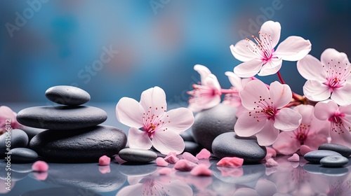 Panoramic still life for harmony in spa, massage or yoga. Stack of spa mineral blueish tone pebbles with pink flowers on defocused wellness background Copy Space 