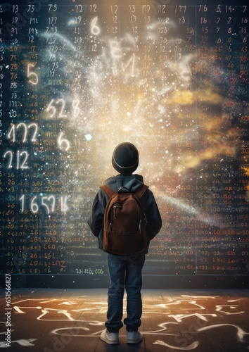 Young school kid with backpack is standing near futuristic numbers  math. Generative Ai.