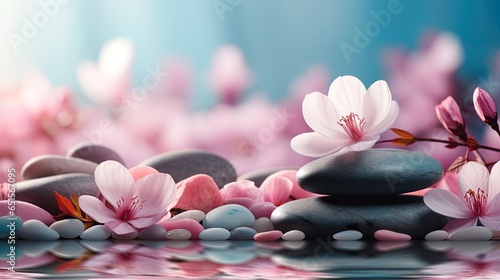 Panoramic still life for harmony in spa, massage or yoga. Stack of spa mineral pebbles with pink flowers on defocused wellness background. Copy space 