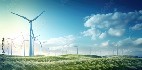 Wind power station with cloudy blue sky background.