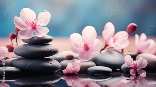 Set of pink orchid flowers and gray spa stones on water and reflection Copy Space 