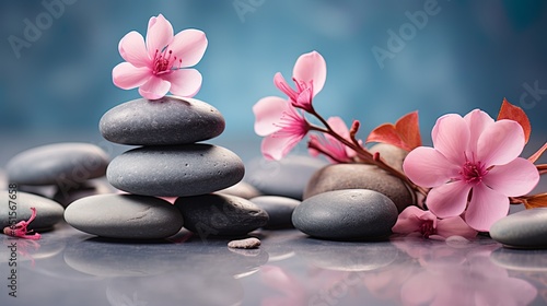 Grey stones and pink flowers on clean background, Concept of balance and harmony for spa website Copy Space 