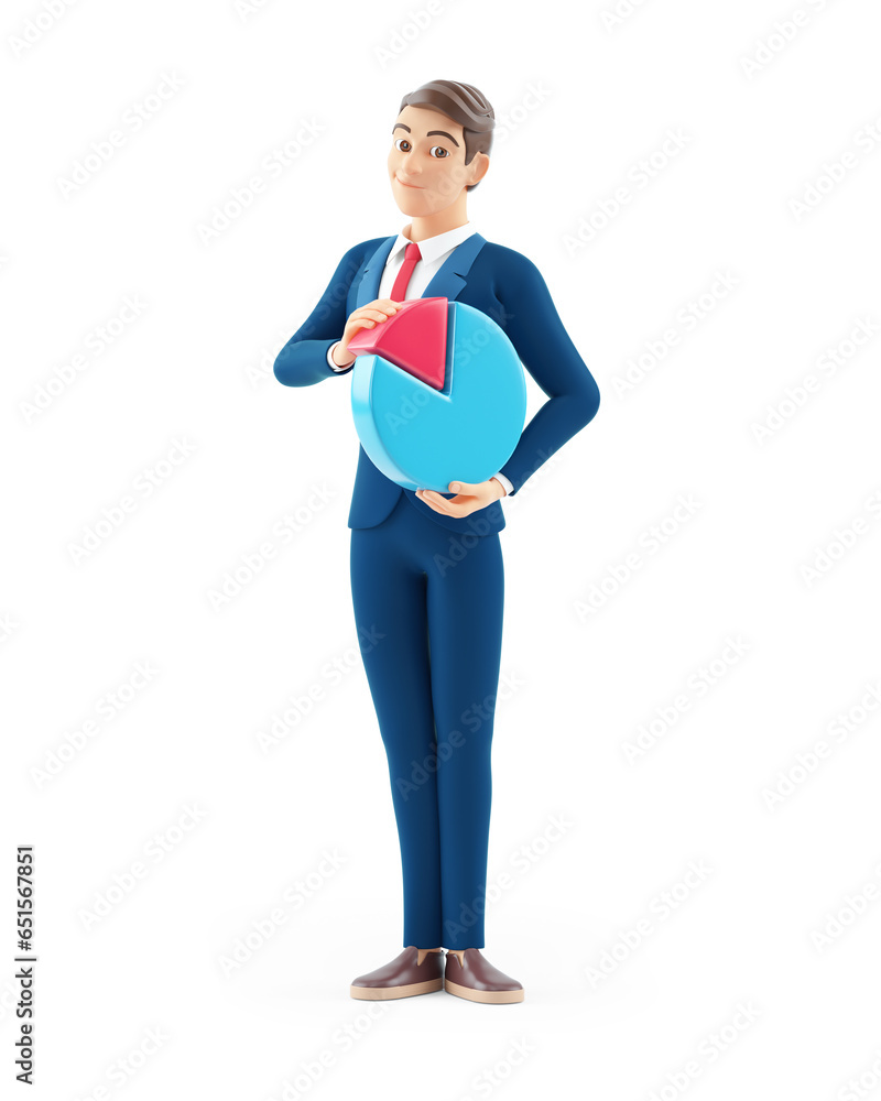 3d cartoon businessman standing with pie chart 3d cartoon businessman standing with pie chart