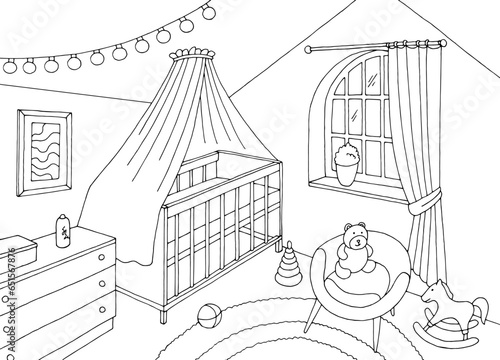 Attic baby room graphic black white interior sketch illustration vector