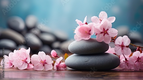 Panoramic still life for harmony in spa  massage or yoga. Stack of spa mineral pebbles with pink flowers on defocused wellness background. Copy space 