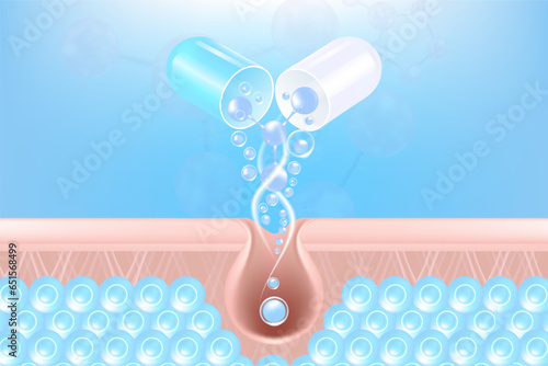 Hyaluronic acid hair and skin solutions ad, blue and white collagen serum drop over skin cell with cosmetic advertising background ready to use, illustration vector.