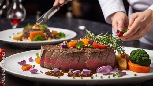 Chef in hotel or restaurant kitchen cooking. Prepared beef steak with vegetable decoration.