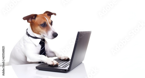 Jack Russell terrier sitting at a laptop on a white background 2 © Alina