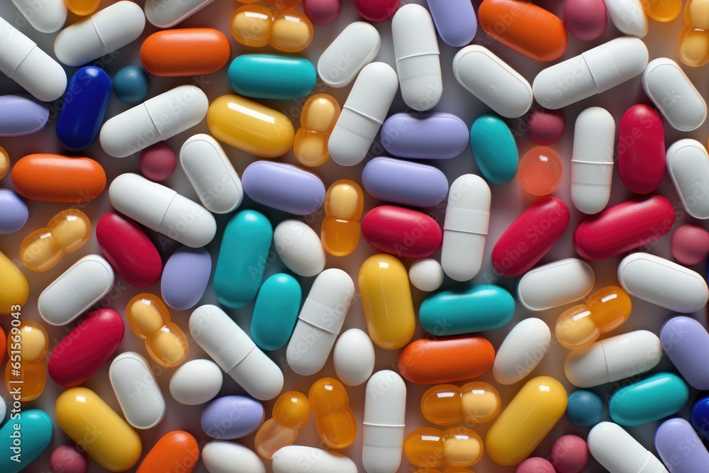 Many different pills pilled together, pain relief and addiction concept. Generative Ai Many different pills pilled together, pain relief and addiction concept. Generative Ai