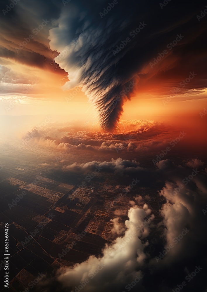 Obraz premium Landscape view on tornado storm weather destroying planet landscape. Generative Ai.
