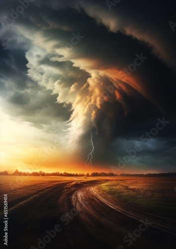 Landscape view on tornado storm weather destroying planet landscape. Generative Ai. © annamaria