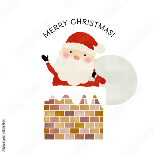 煙突から顔を出すサンタクロースの水彩風イラスト