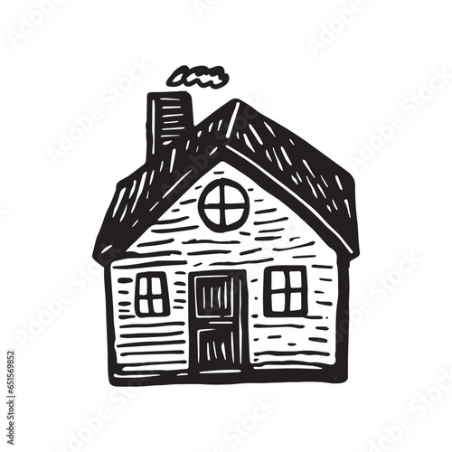 Quirky rural cabin holiday home vector illustration. Block print real estate graphic for scandi winter scene doodle, whimsy minimal stylized domestic house.