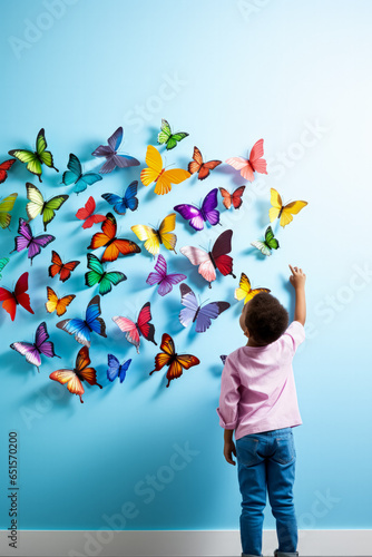 A child inspecting a colorful butterfly isolated on a rainbow gradient background 