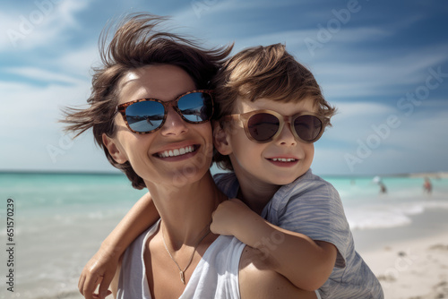 Son is sitting in his mothers neck while walking on a beautiful beach