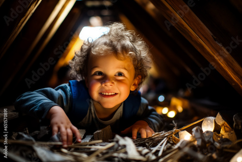 Excited child discovering hidden treasures in an unexpected attic exploration  © fotogurmespb