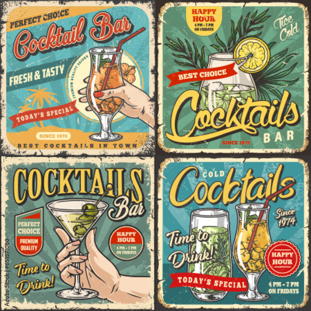 Tropical cocktails set flyers colorful